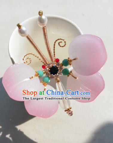 Chinese Song Dynasty Pink Butterfly Hairpin Traditional Hanfu Hair Accessories Ancient Princess Crystal Hair Stick