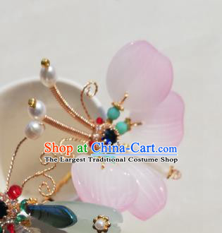 Chinese Song Dynasty Pink Butterfly Hairpin Traditional Hanfu Hair Accessories Ancient Princess Crystal Hair Stick