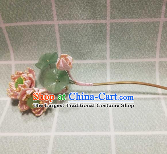 Chinese Traditional Jade Leaf Hairpin Hanfu Hair Accessories Ancient Song Dynasty Princess Pink Silk Lotus Hair Stick