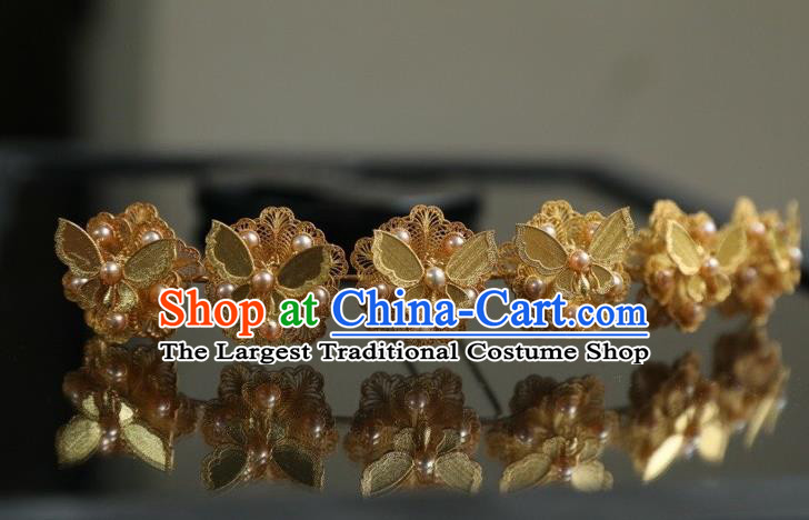 Chinese Traditional Court Pearls Hairpin Hanfu Hair Accessories Ancient Ming Dynasty Empress Golden Butterfly Hair Crown