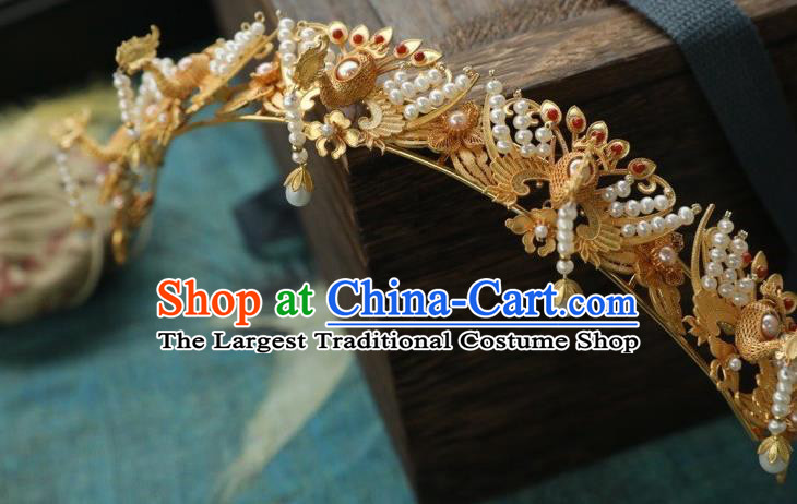 Chinese Traditional Pearls Tassel Hairpin Hanfu Hair Accessories Ancient Ming Dynasty Empress Golden Phoenix Hair Crown