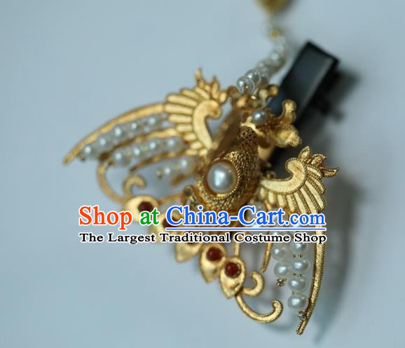 Chinese Traditional Pearls Hairpin Hanfu Hair Accessories Ancient Ming Dynasty Empress Golden Phoenix Hair Stick