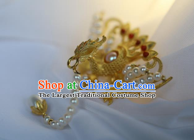 Chinese Traditional Pearls Tassel Phoenix Hairpin Hanfu Hair Accessories Ancient Ming Dynasty Empress Golden Hair Stick