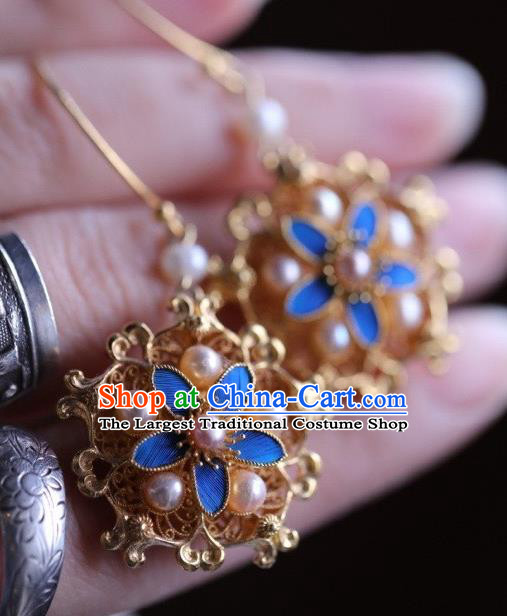 Chinese Traditional Ming Dynasty Pearls Earrings Accessories Ancient Empress Cloisonne Flower Ear Jewelry