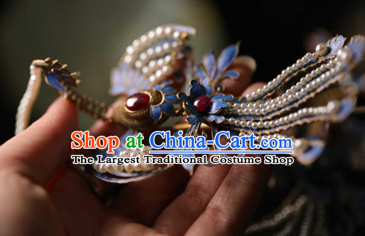 Chinese Traditional Ruby Hairpin Hanfu Hair Accessories Ancient Ming Dynasty Empress Pearls Phoenix Hair Crown