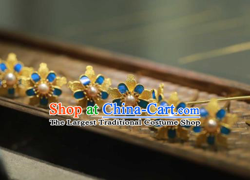 Chinese Traditional Pearl Hairpin Hanfu Hair Accessories Ancient Ming Dynasty Empress Golden Plum Hair Stick
