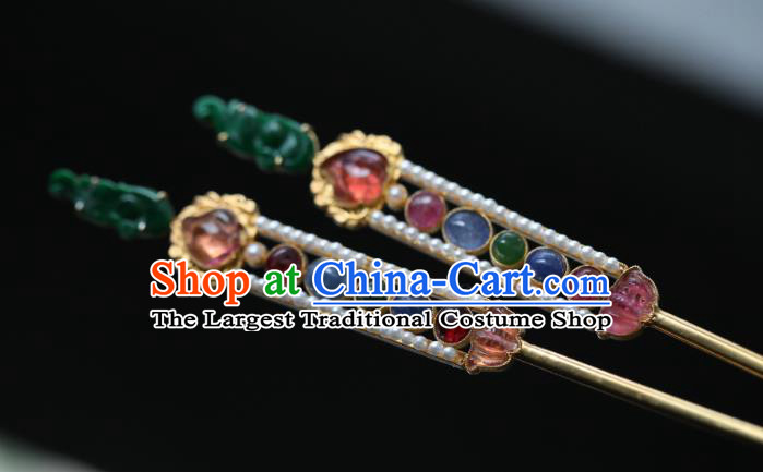Chinese Traditional Gems Hairpin Hanfu Hair Accessories Ancient Qing Dynasty Empress Jade Pearls Hair Stick