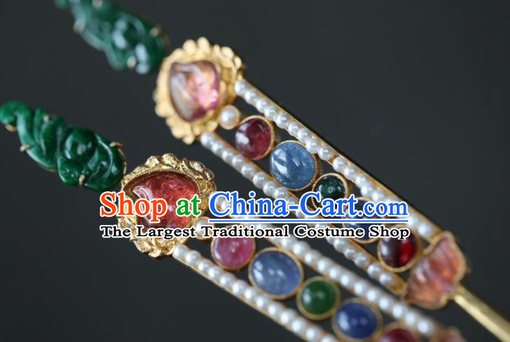 Chinese Traditional Gems Hairpin Hanfu Hair Accessories Ancient Qing Dynasty Empress Jade Pearls Hair Stick