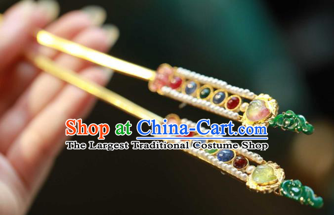 Chinese Traditional Gems Hairpin Hanfu Hair Accessories Ancient Qing Dynasty Empress Jade Pearls Hair Stick