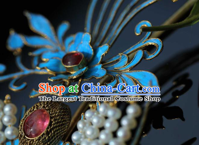 Chinese Hanfu Hair Accessories Ancient Ming Dynasty Empress Cloisonne Phoenix Hair Stick Traditional Court Tassel Hairpin