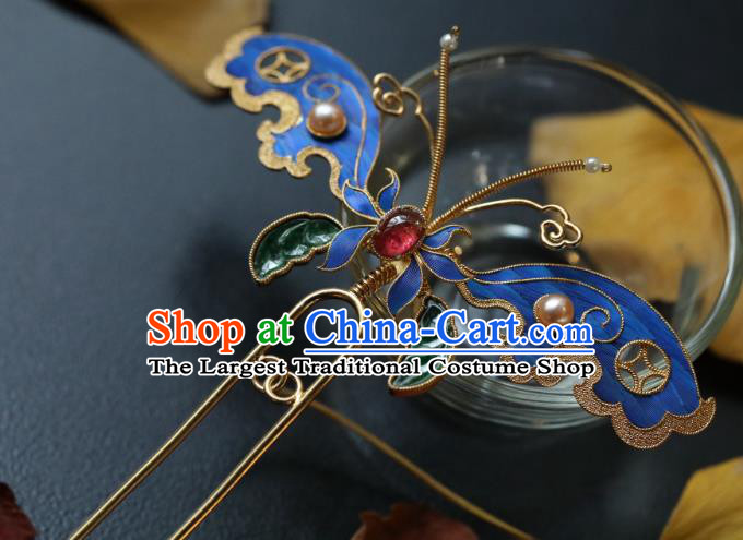 Chinese Handmade Hair Accessories Ancient Ming Dynasty Empress Cloisonne Butterfly Hair Stick Traditional Court Jade Hairpin