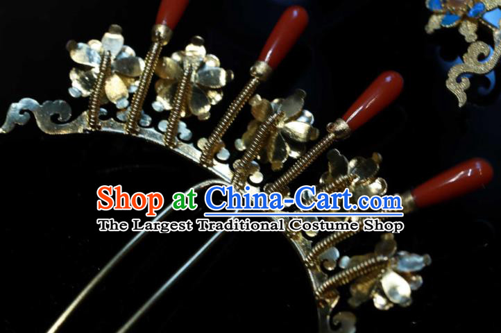 Chinese Ancient Ming Dynasty Empress Agate Pearls Hair Stick Handmade Hair Accessories Traditional Court Cloisonne Plum Blossom Hairpin
