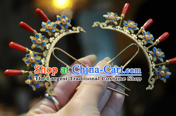 Chinese Ancient Ming Dynasty Empress Agate Pearls Hair Stick Handmade Hair Accessories Traditional Court Cloisonne Plum Blossom Hairpin