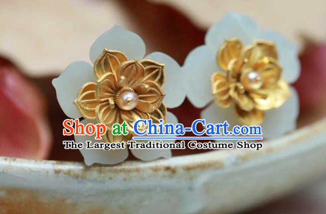 Chinese Ancient Empress Golden Lotus Hair Stick Handmade Hair Accessories Traditional Court Jade Hairpin