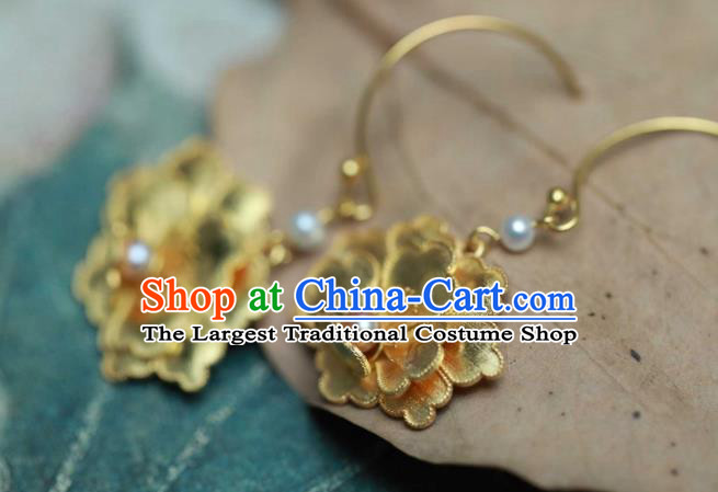 Chinese Traditional Ming Dynasty Golden Peony Earrings Accessories Ancient Empress Pearls Ear Jewelry