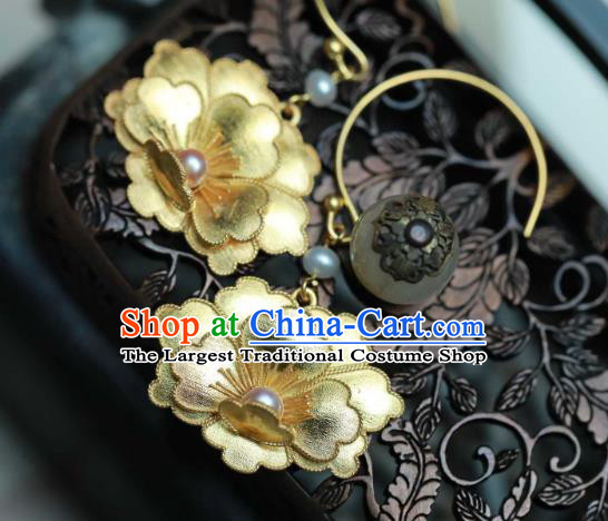 Chinese Traditional Ming Dynasty Golden Peony Earrings Accessories Ancient Empress Pearls Ear Jewelry