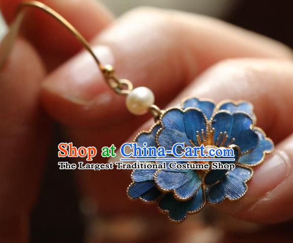 Chinese Traditional Qing Dynasty Court Woman Pearls Earrings Accessories Ancient Empress Cloisonne Peony Ear Jewelry