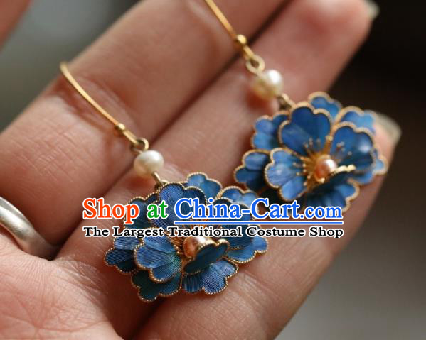 Chinese Traditional Qing Dynasty Court Woman Pearls Earrings Accessories Ancient Empress Cloisonne Peony Ear Jewelry