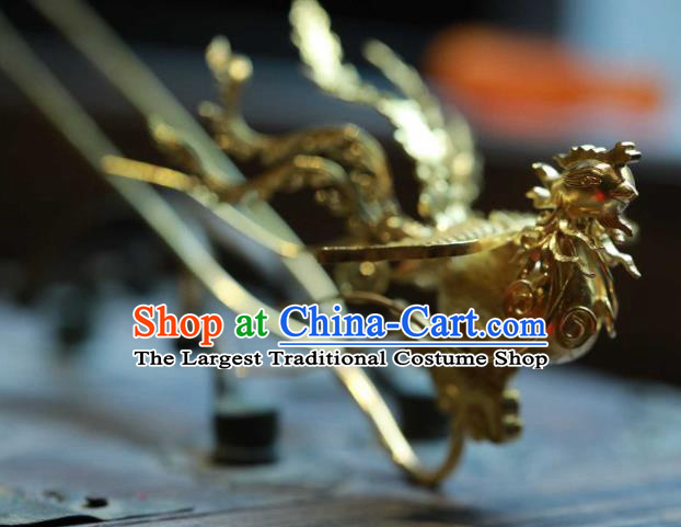Chinese Ancient Empress Golden Phoenix Hair Stick Handmade Hair Accessories Traditional Court Hairpin