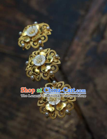 Chinese Ancient Tang Dynasty Golden Hair Stick Handmade Hair Accessories Traditional Shell Plum Blossom Hairpin