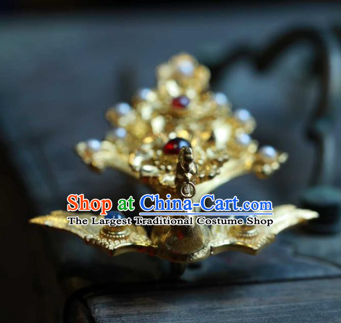 Chinese Traditional Ming Dynasty Gems Hair Crown Handmade Hair Accessories Ancient Empress Golden Phoenix Hairpin