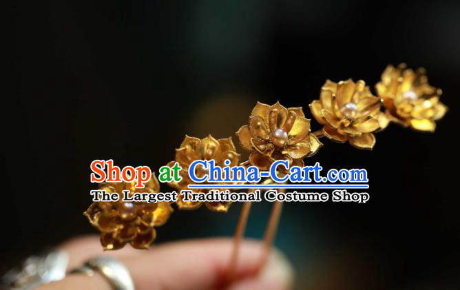 Chinese Traditional Ming Dynasty Pearls Hair Stick Handmade Hair Accessories Ancient Empress Golden Lotus Hairpin