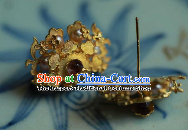 Chinese Traditional Ming Dynasty Pearls Golden Earrings Accessories Ancient Empress Tourmaline Ear Jewelry