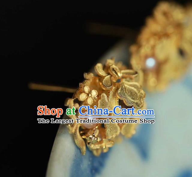 Chinese Traditional Ming Dynasty Pearls Golden Earrings Accessories Ancient Empress Tourmaline Ear Jewelry