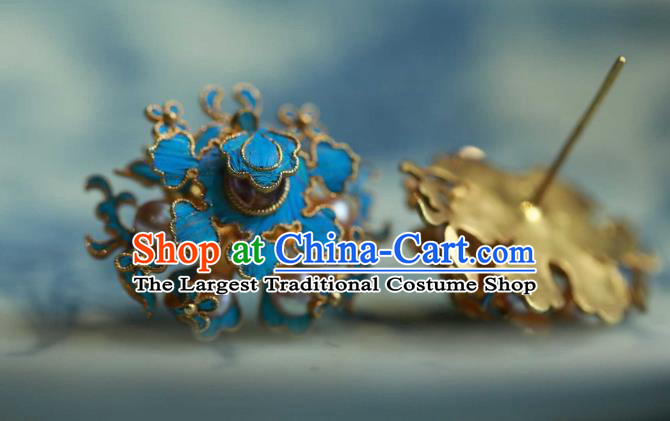 Chinese Traditional Qing Dynasty Cloisonne Earrings Accessories Ancient Empress Tourmaline Pearls Ear Jewelry