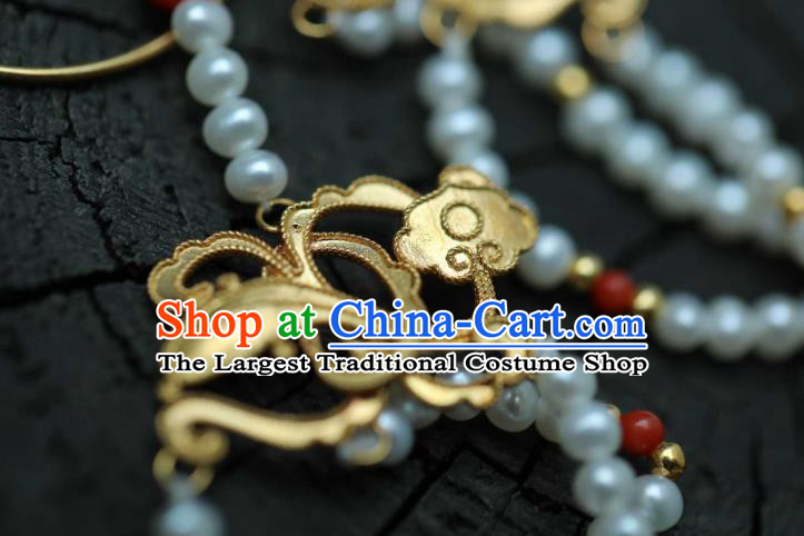 Chinese Traditional Court Golden Cloud Earrings Accessories Ancient Ming Dynasty Pearls Tassel Ear Jewelry
