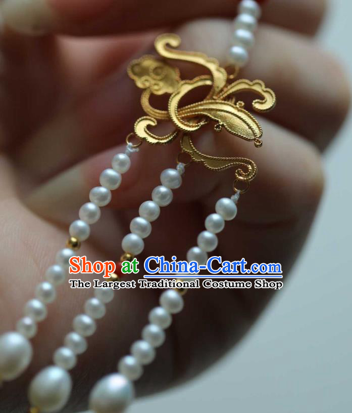 Chinese Traditional Court Golden Cloud Earrings Accessories Ancient Ming Dynasty Pearls Tassel Ear Jewelry
