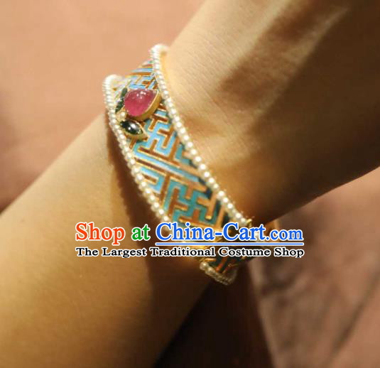 China National Tourmaline Bracelet Jewelry Traditional Cloisonne Accessories Handmade Qing Dynasty Pearls Bangle