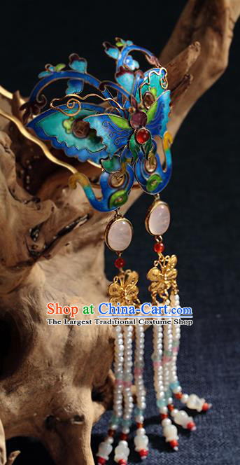 Chinese Ancient Empress Pearls Tassel Hairpin Traditional Qing Dynasty Blueing Butterfly Hair Stick