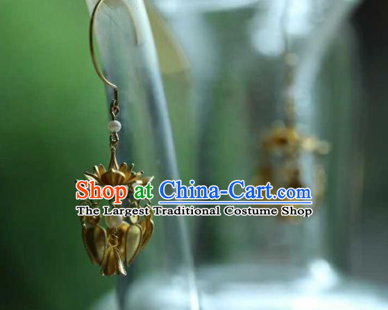 Chinese Traditional Ming Dynasty Tassel Earrings Accessories Ancient Empress Golden Lotus Ear Jewelry