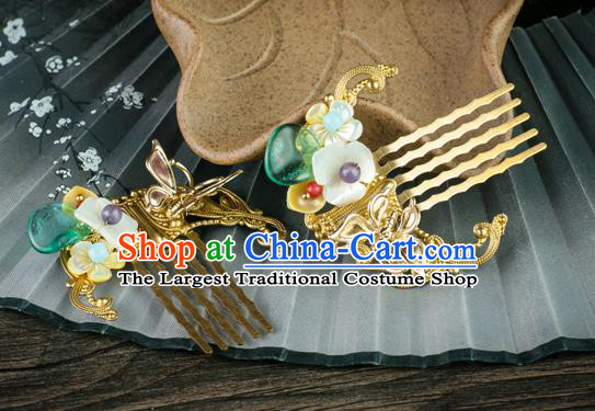 Chinese Traditional Ming Dynasty Palace Lady Shell Plum Hairpin Ancient Princess Golden Butterfly Hair Comb