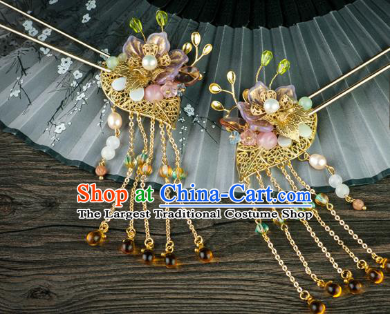 Chinese Traditional Ming Dynasty Princess Pearls Hairpin Ancient Palace Lady Topaz Tassel Hair Stick