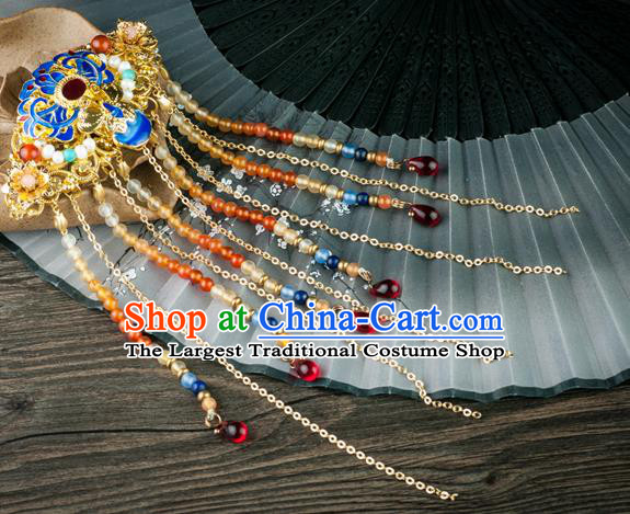 Chinese Traditional Ming Dynasty Princess Beads Tassel Hairpin Ancient Palace Lady Cloisonne Peony Hair Stick