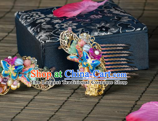 Chinese Ancient Palace Lady Cloisonne Butterfly Hair Comb Traditional Ming Dynasty Golden Hairpin