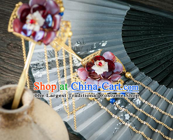 Chinese Ancient Princess Red Plum Hair Stick Traditional Ming Dynasty Golden Tassel Hairpin