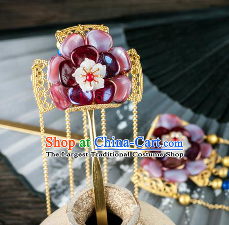 Chinese Ancient Princess Red Plum Hair Stick Traditional Ming Dynasty Golden Tassel Hairpin