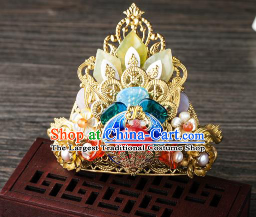 Chinese Ancient Court Empress Hair Accessories Traditional Ming Dynasty Jade Hair Crown and Hairpins Complete Set