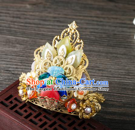 Chinese Ancient Court Empress Hair Accessories Traditional Ming Dynasty Jade Hair Crown and Hairpins Complete Set