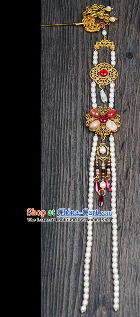 Chinese Ancient Queen Pearls Tassel Hair Stick Traditional Ming Dynasty Empress Golden Phoenix Hairpin