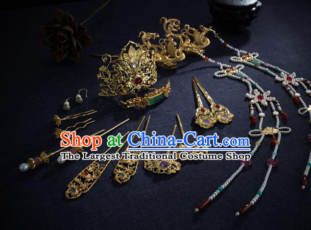 Chinese Ancient Wedding Hair Accessories Traditional Ming Dynasty Empress Hair Crown and Golden Phoenix Tassel Hairpin