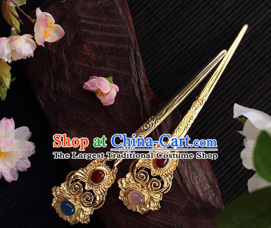 Chinese Ancient Palace Queen Ruby Hairpin Traditional Ming Dynasty Empress Golden Hair Stick