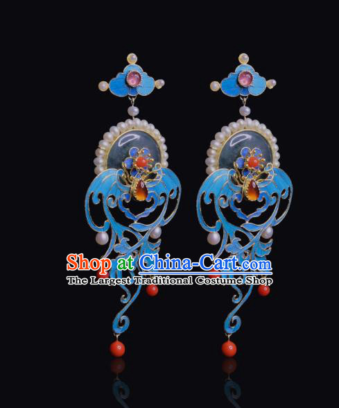 Chinese Ancient Queen Jade Ear Accessories Traditional Jewelry Qing Dynasty Empress Pearls Earrings
