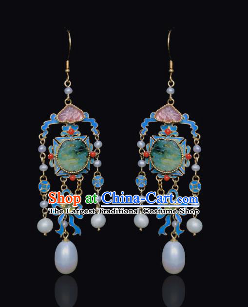 Chinese Traditional Jewelry Qing Dynasty Empress Pearls Tassel Earrings Ancient Queen Jade Ear Accessories
