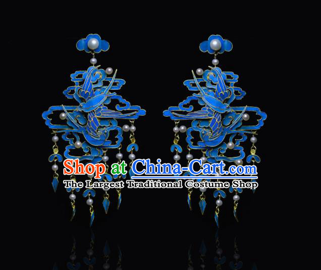 Chinese Traditional Cloisonne Jewelry Qing Dynasty Empress Pearls Tassel Earrings Ancient Queen Ear Accessories