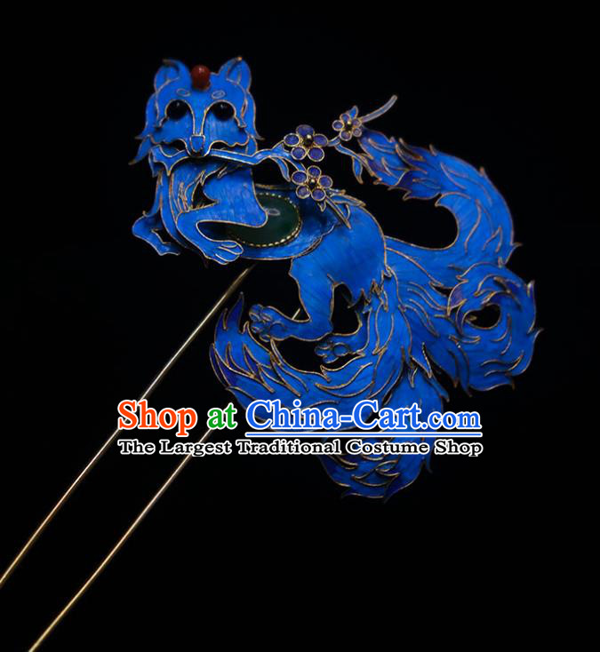 Chinese Ancient Princess Blueing Fox Hair Stick Traditional Qing Dynasty Jade Hairpin Hair Jewelry