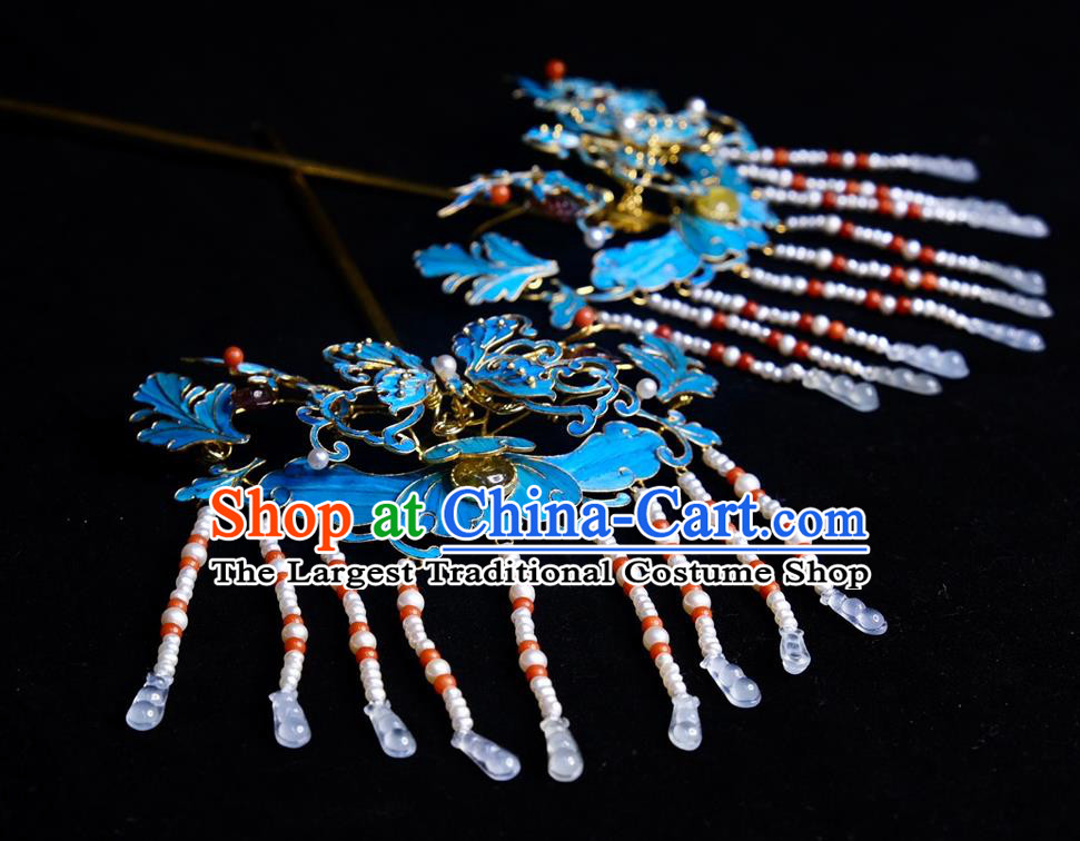 Chinese Ancient Empress Butterfly Hair Stick Traditional Qing Dynasty Jade Pearls Tassel Hairpin Hair Jewelry